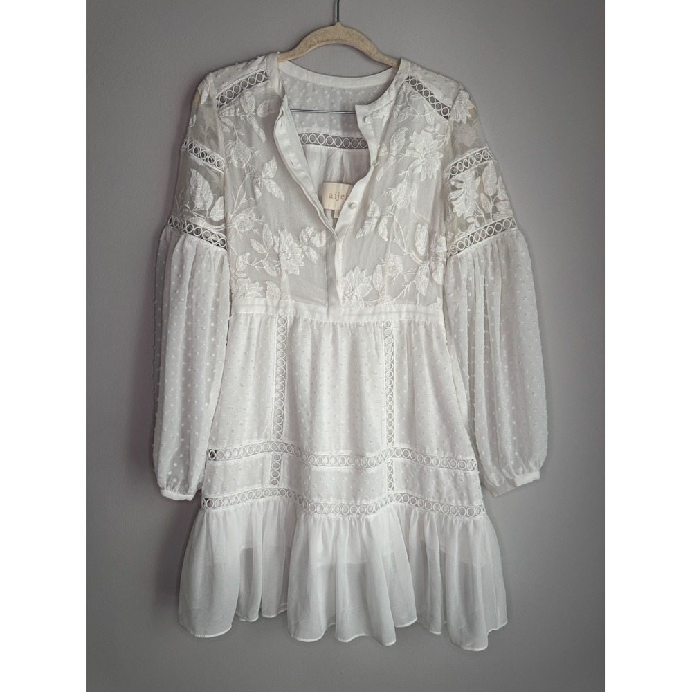 Aijek White Silk Blend Embroidered Lace Mini Dress Long Balloon Sleeve Size 2